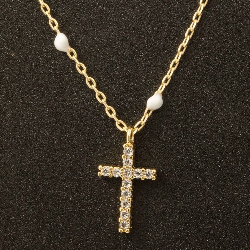 Gold Dipped Station Cz Cross Pendant Necklace: GOLD