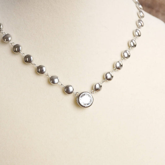 Clear Crystal Bezel Pendant Dot Chain Neckline Necklace: Silver Tone