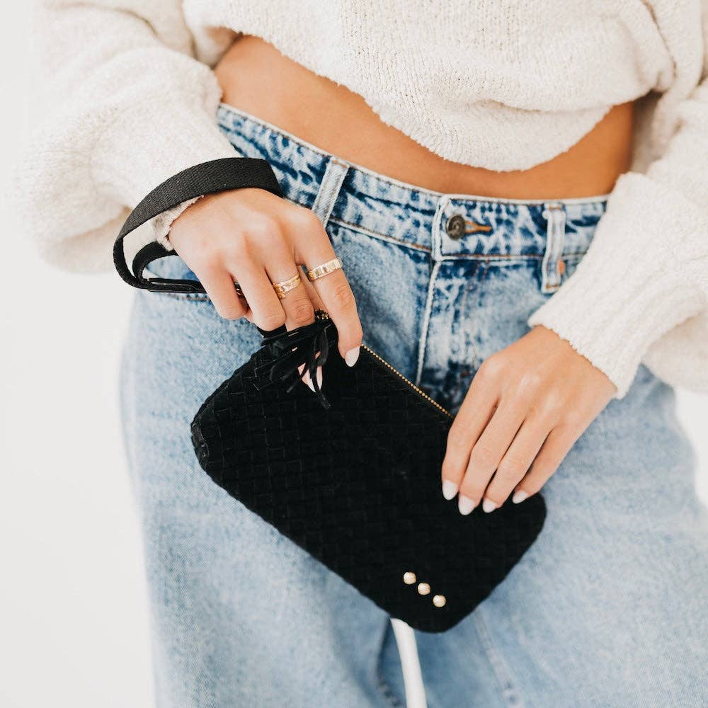 Suede Emma Woven Clutch Wristlet: Black