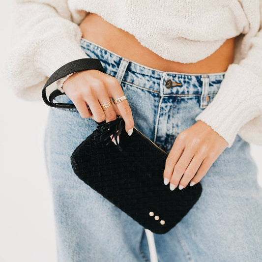 Suede Emma Woven Clutch Wristlet: Black