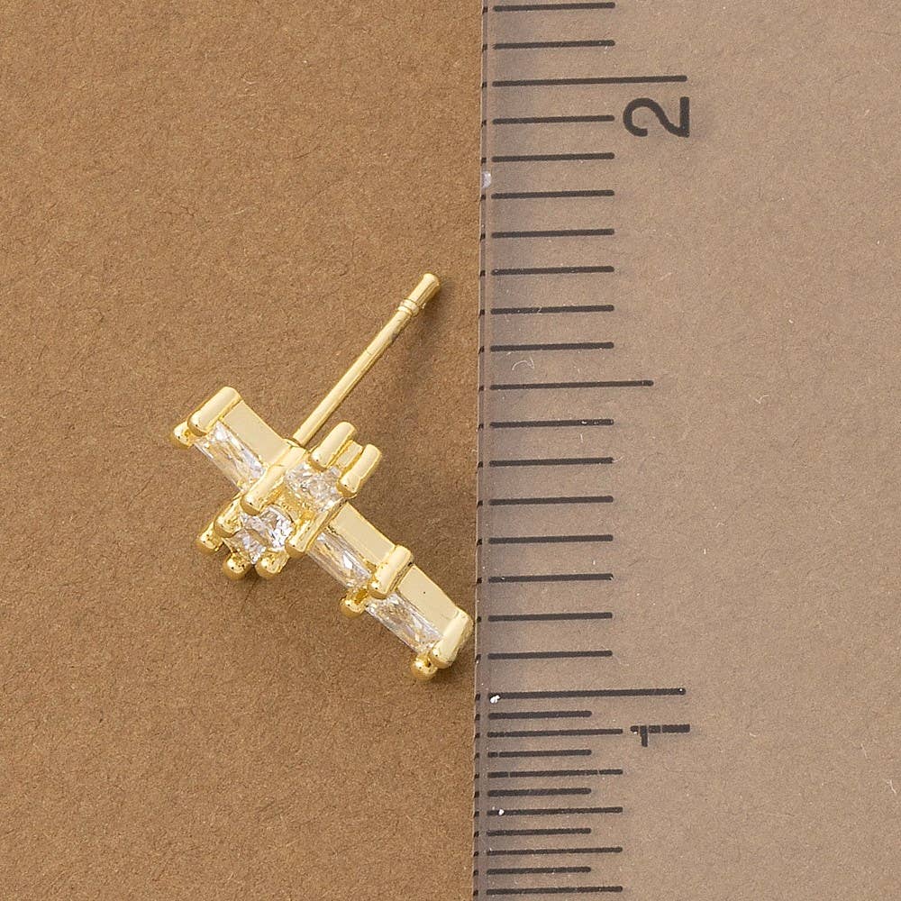 Gold Dipped Cz Baguettes Cross Stud Earrings: G