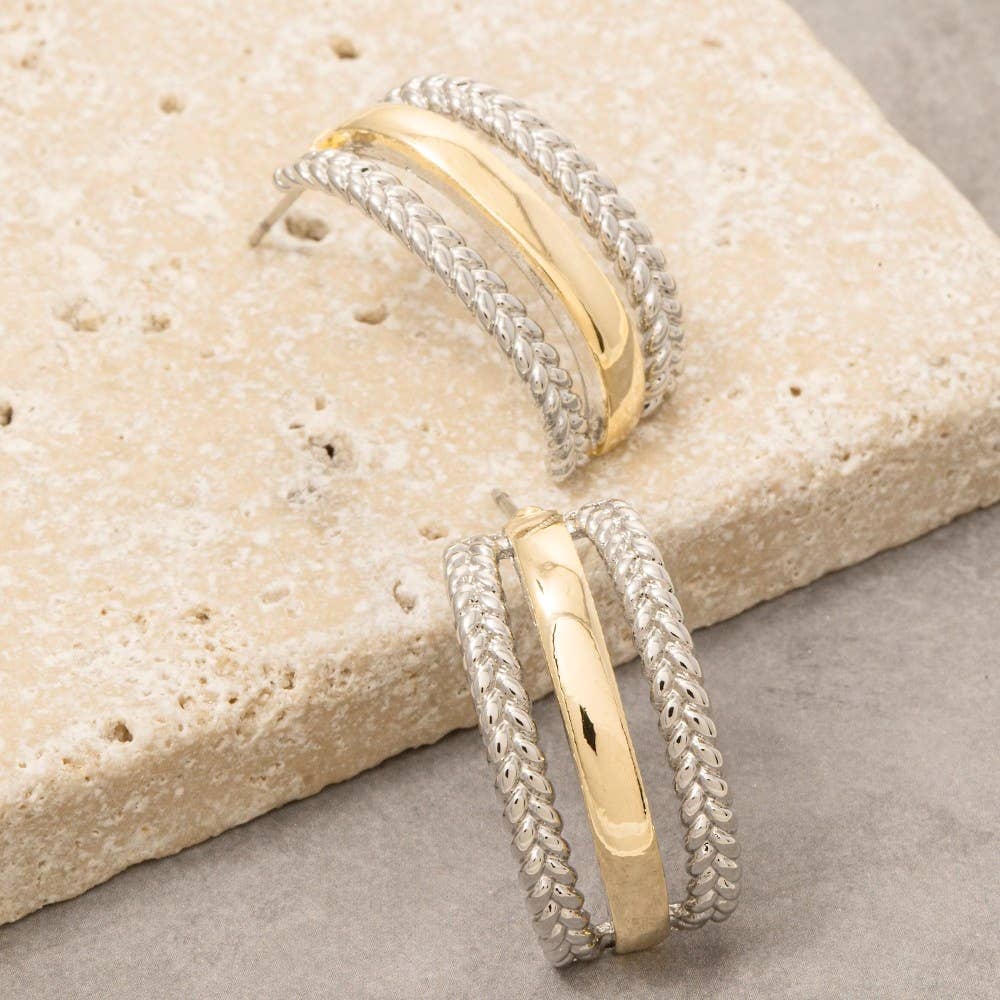 Gold Dipped Two Tone Layer Rope Pattern Drop Earrings