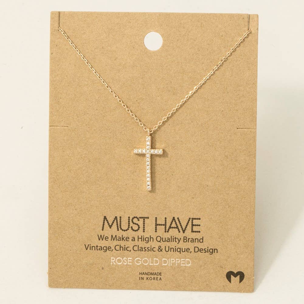 Gold Dipped Cz Pave Cross Pendant Necklace: G