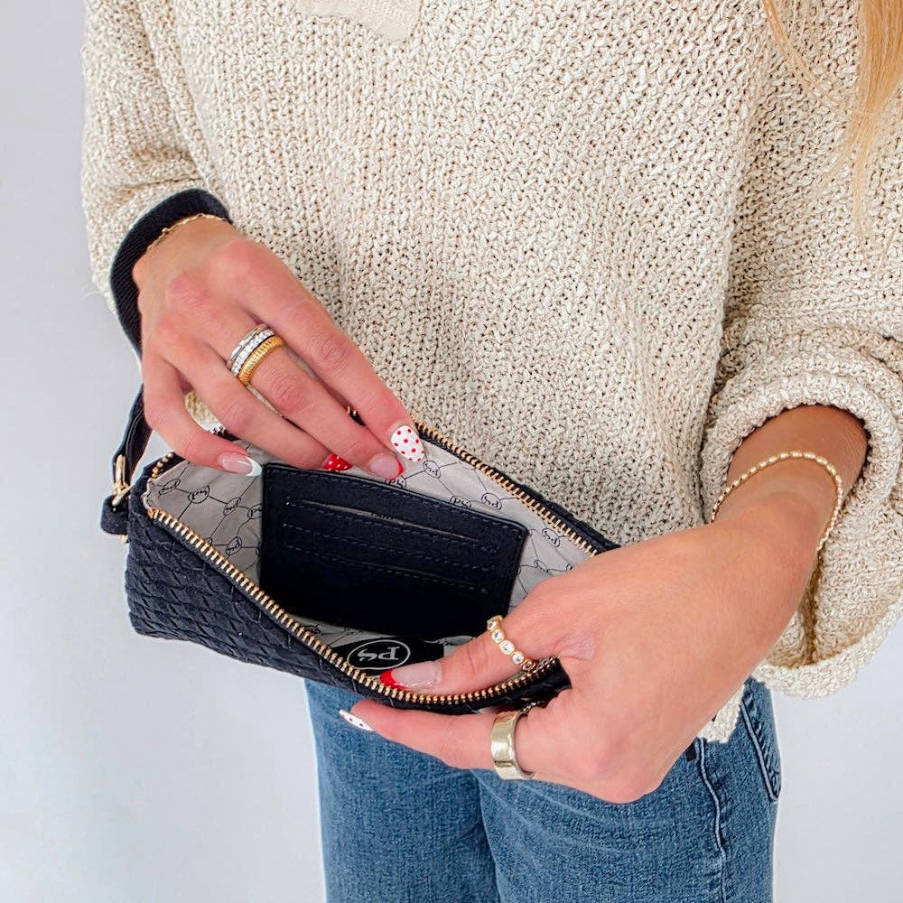 Suede Emma Woven Clutch Wristlet: Black