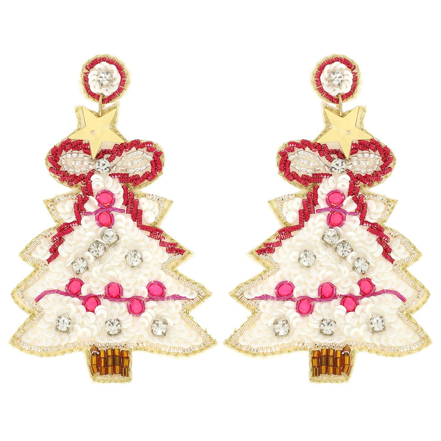 Christmas Tree Sequins Embroidered Earrings : White