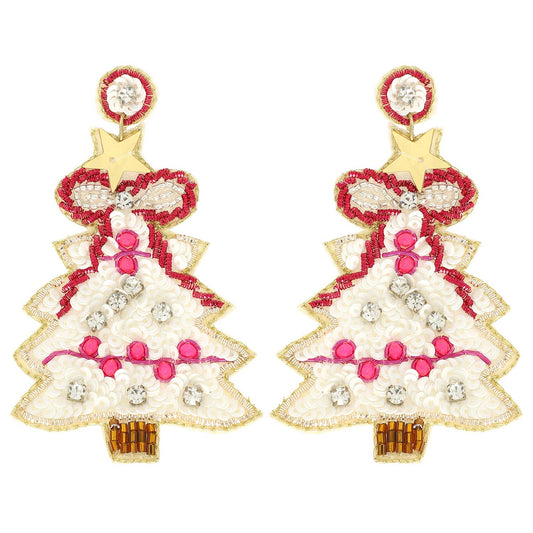 Christmas Tree Sequins Embroidered Earrings : White