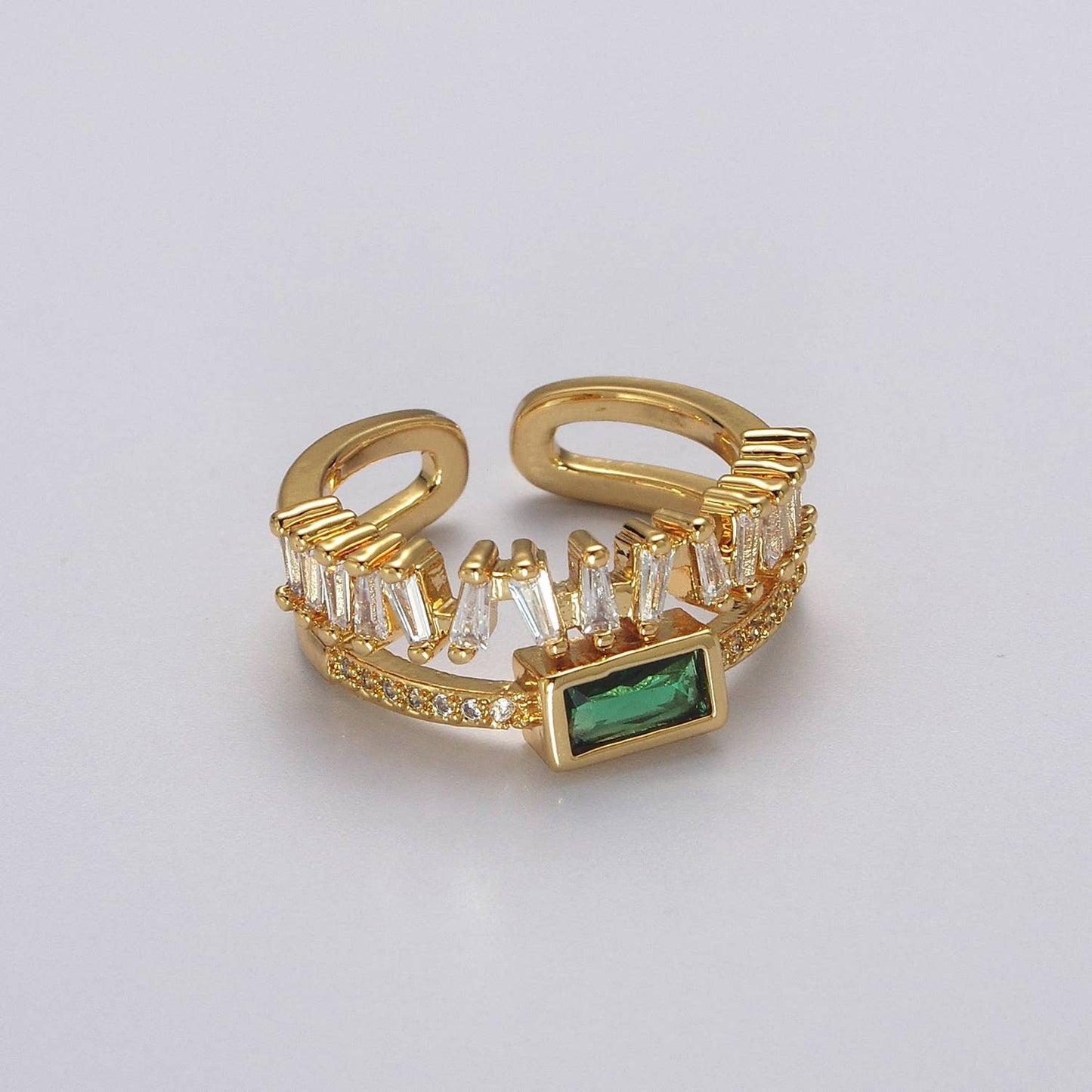 Double Band Baguette Clear CZ Green Emerald Gold Ring