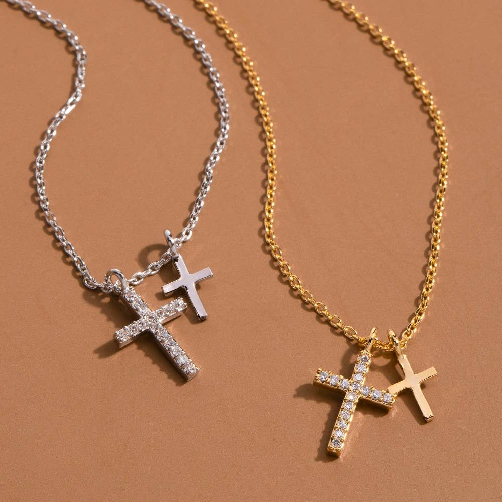 Cz Pave Double Cross Pendant Necklace: S