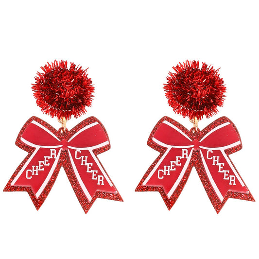 Game Day Cheer Ribbon Pom Pom Post Earrings : Red White