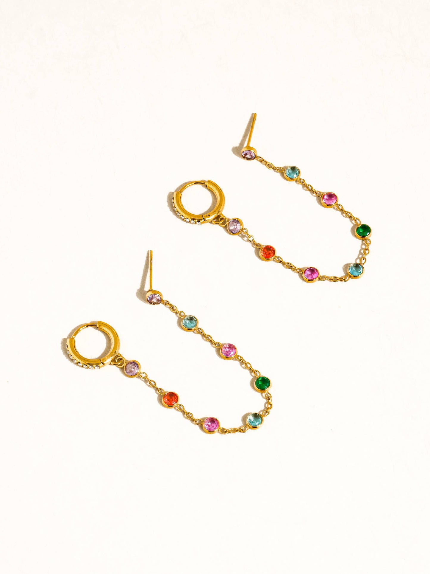 Daffira 18K Gold Non-Tarnish Crystal Chain Link Earrings: Multi-Colored
