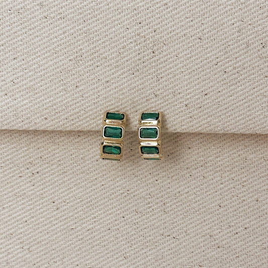 18k Gold Filled Chunky CZ Curve Earrings: Emerald