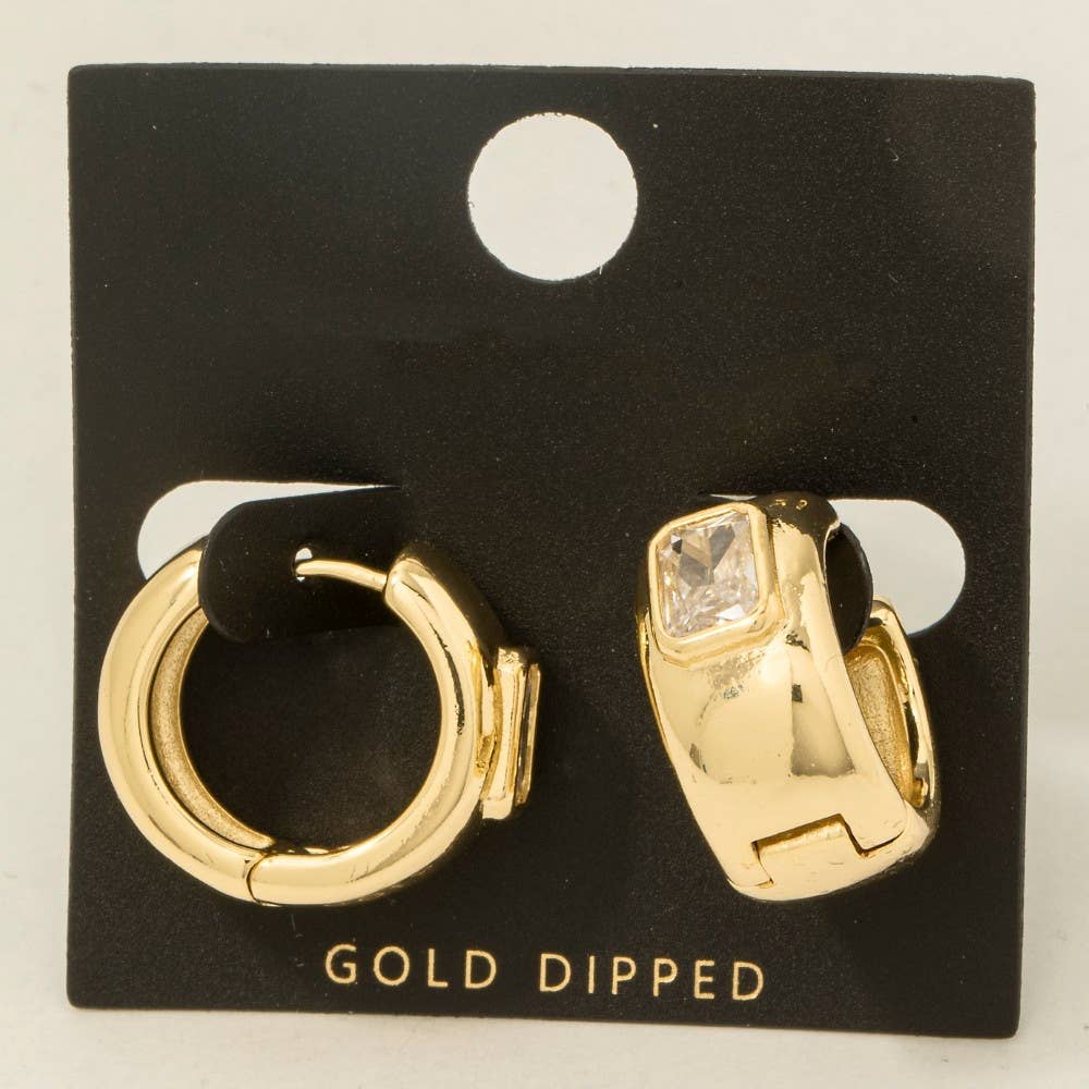 Gold Dipped Cz Baguette Wide Hinge Hoop Earrings