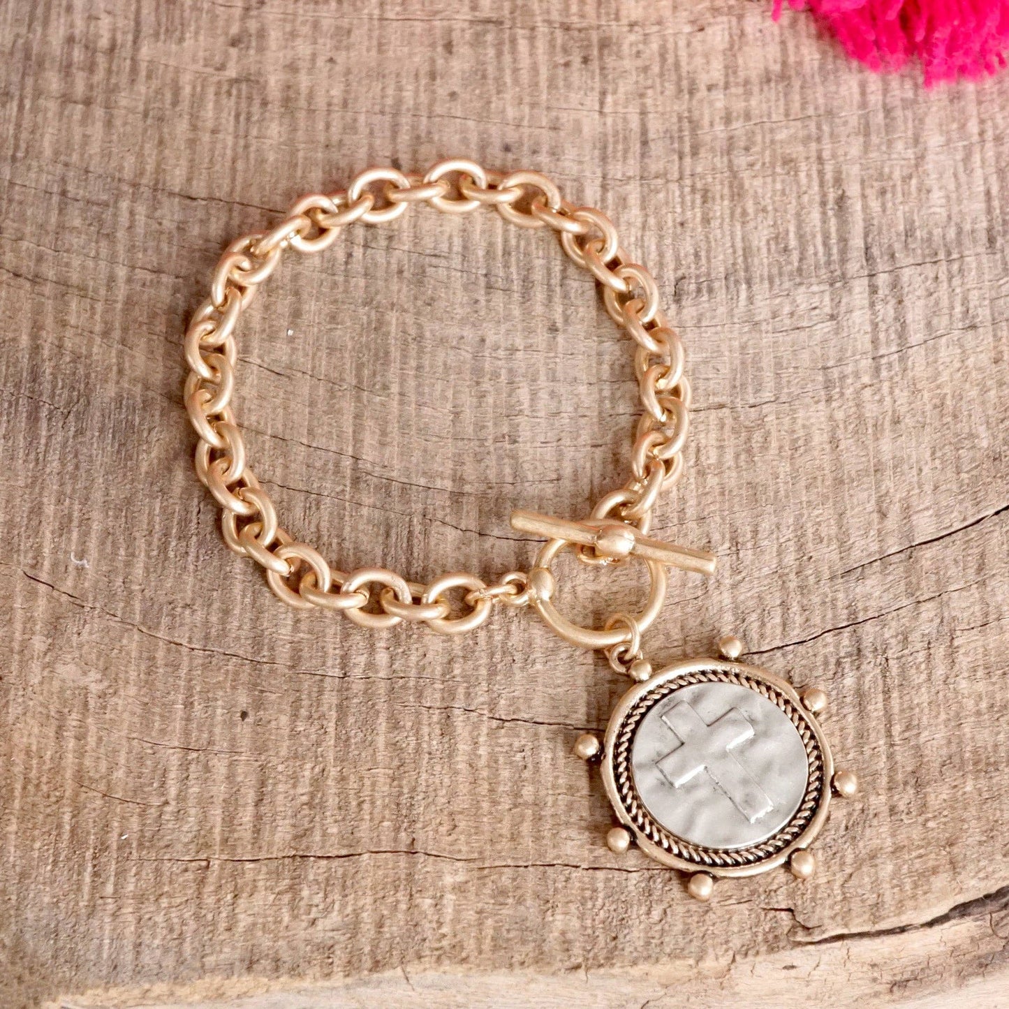 Cross Coin Chain Bracelet Toggle Closure Silver or Gold Tone: Silver Tone
