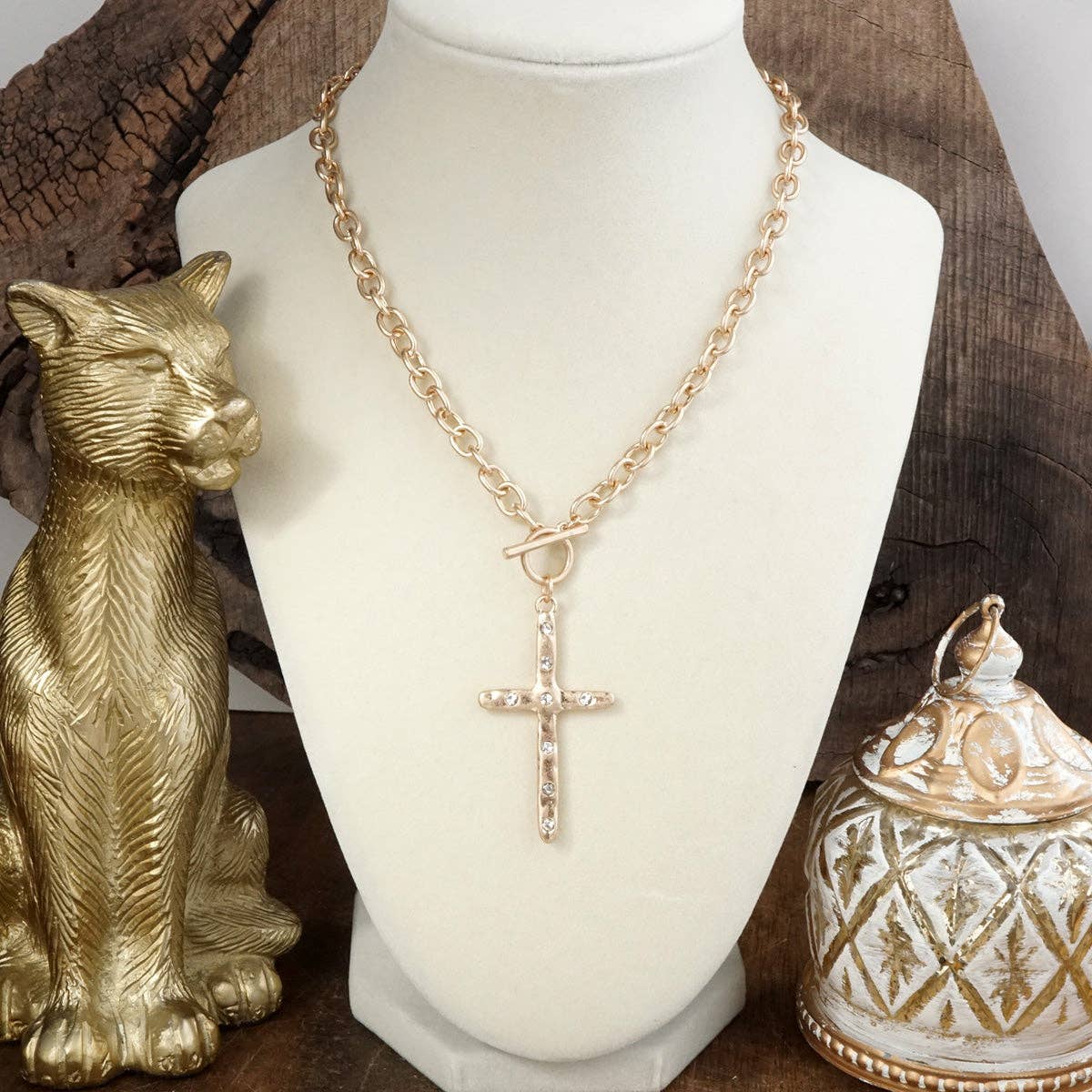 Divine Simplicity – Hammered Cross Front Toggle Necklace: Worn Gold Tone