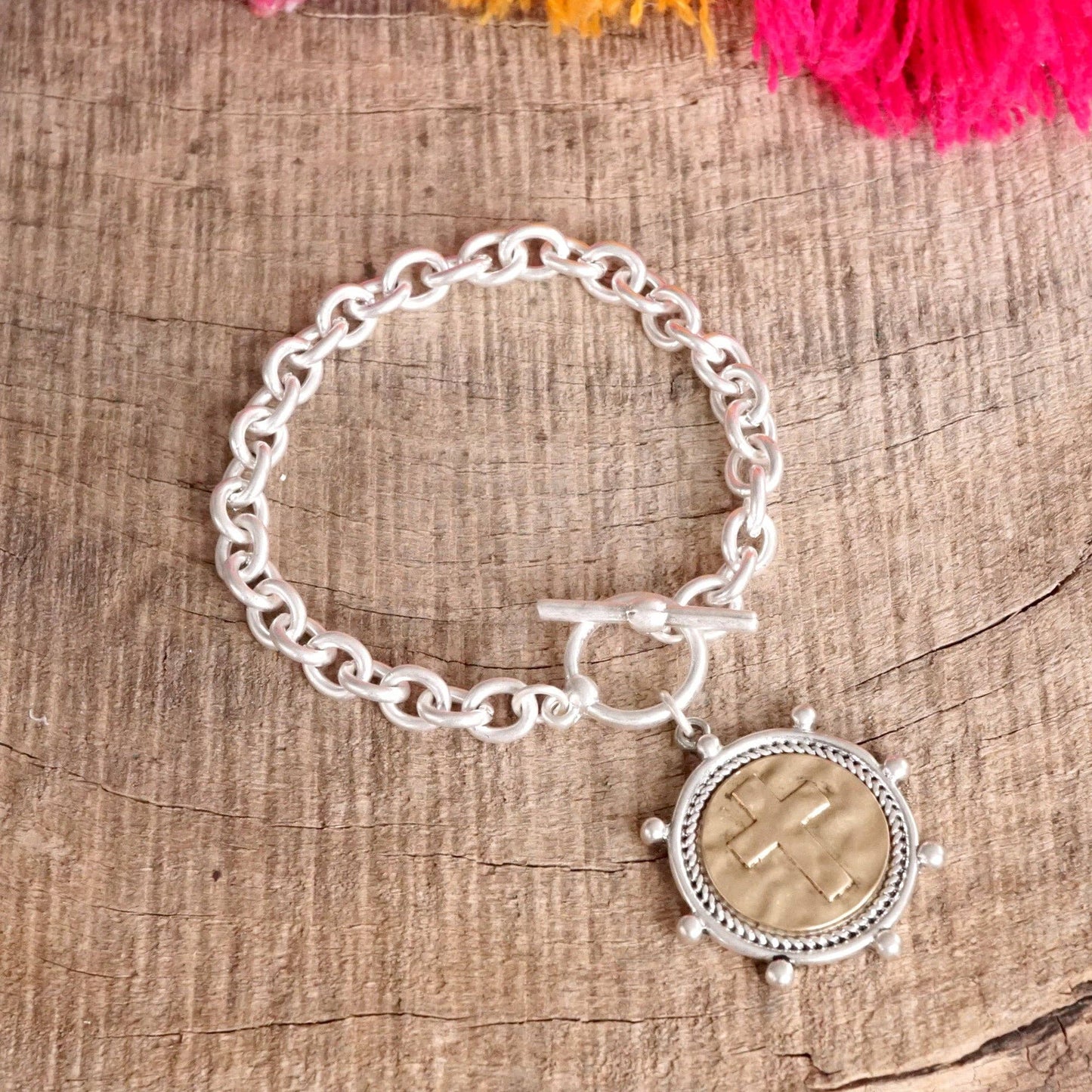 Cross Coin Chain Bracelet Toggle Closure Silver or Gold Tone: Silver Tone