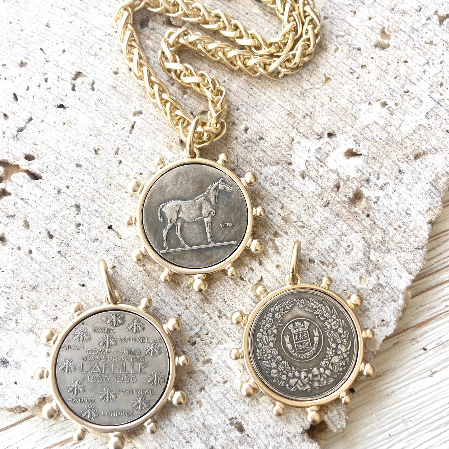 Matte gold horse French Bee coin necklace boutique Kande: French