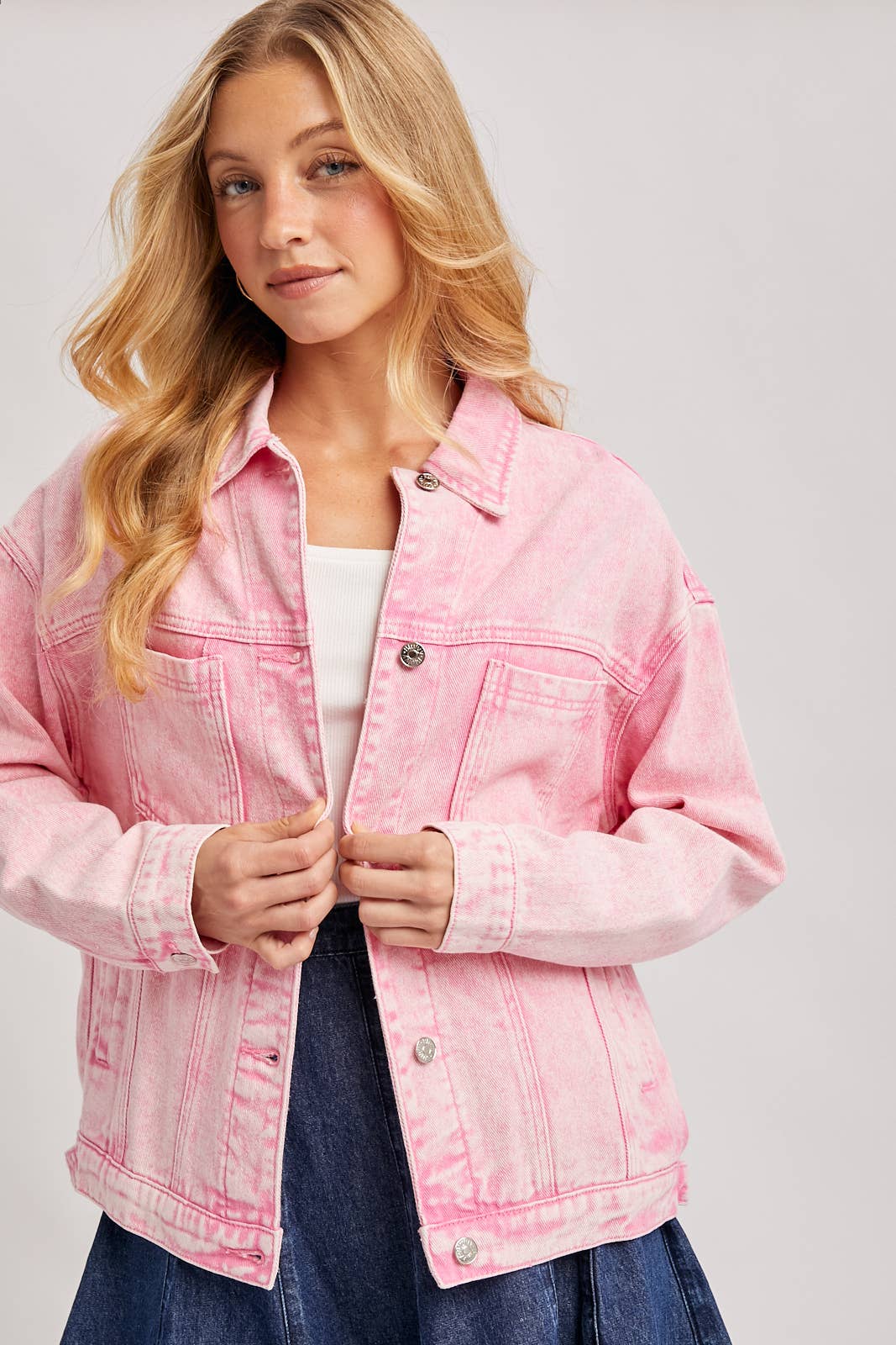 DENIM BUTTON DOWN OVERSIZED JACKET: LT.WASH / S