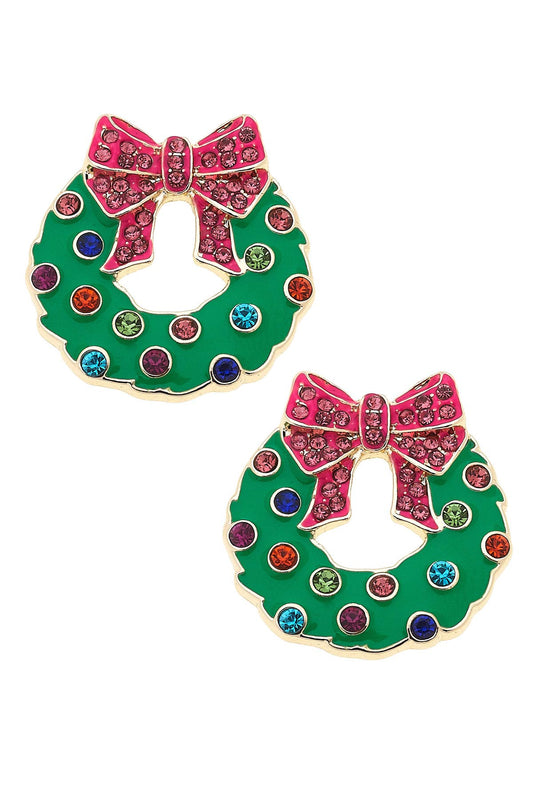 Bejeweled Christmas Wreath Earrings in Green