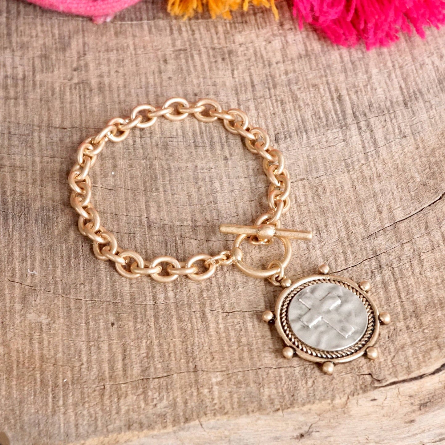 Cross Coin Chain Bracelet Toggle Closure Silver or Gold Tone: Silver Tone
