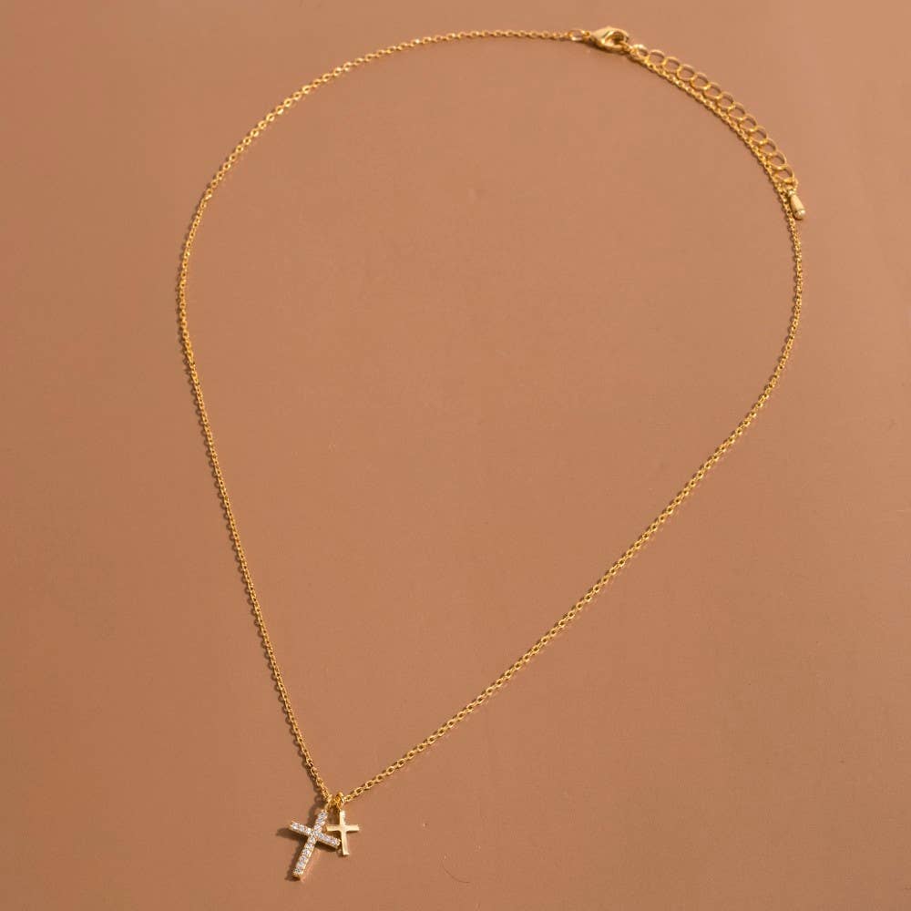 Cz Pave Double Cross Pendant Necklace: S
