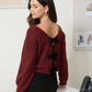 BACK VELVET BOW DETAIL KNIT PULLOVER SWEATER: BURGUNDY