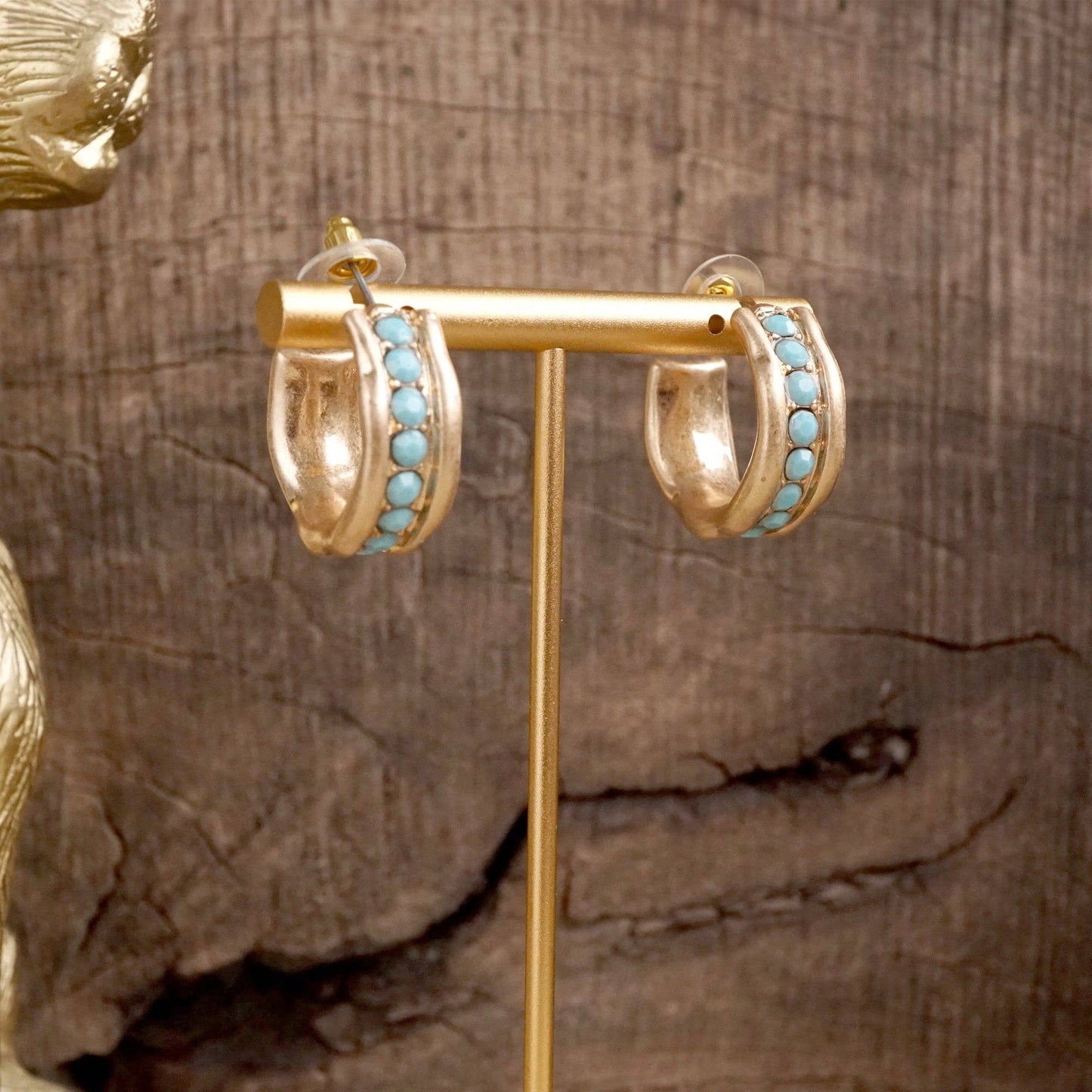 Minimalist Hoops with Faux Pearls or Turquoise – Brushed Gold: Turquoise