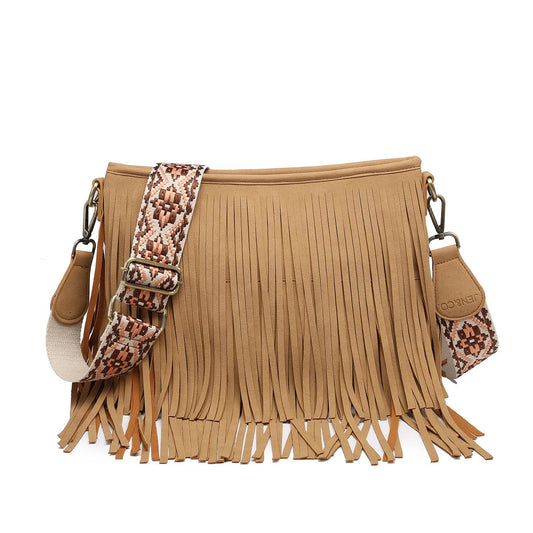 Sadie Suede Tan Fringe Crossbody w/ Guitar Strap