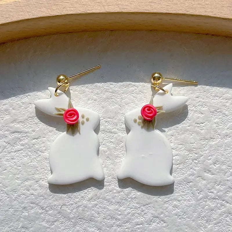Easter Bunny Rabbit w Pink Bow Polymer Clay Dangle Earrings