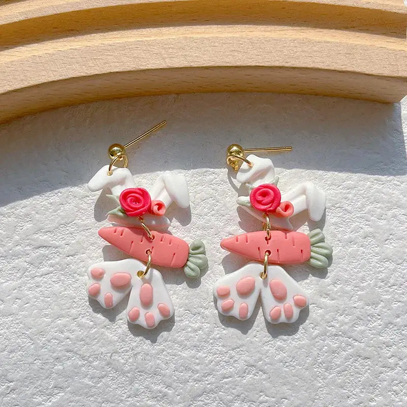 Easter Bunny Rabbit with Pink Carrot, Feet and Bow Earrings