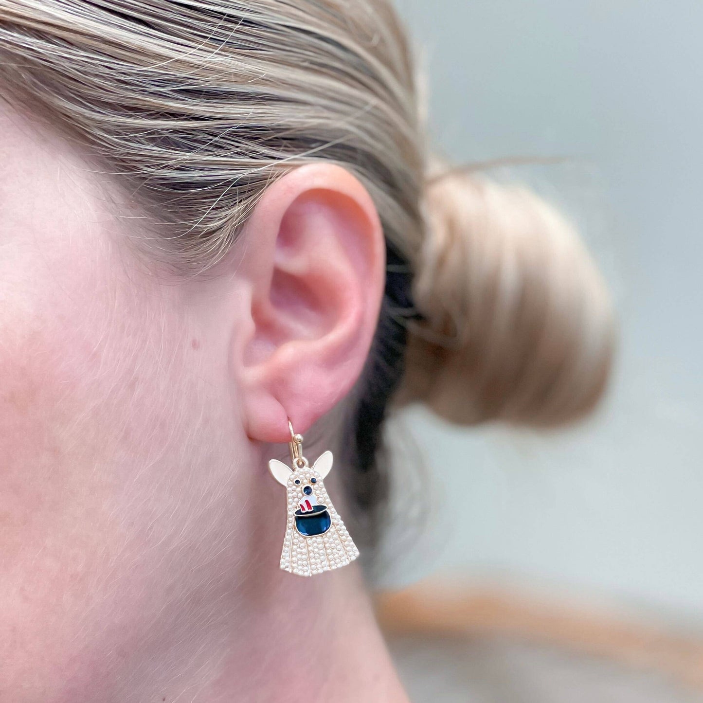 Trick-or-Treat Pearl Ghost Dog Dangle Earrings