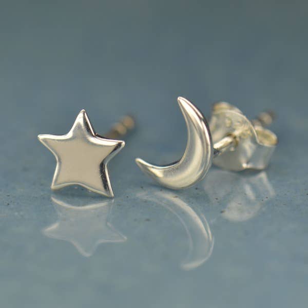 Star and Moon Stud Earrings 7x5mm: Recycled Sterling Silver