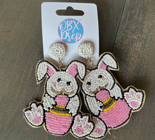 Easter Bunny with Egg Seed Beaded Dangle Earrings