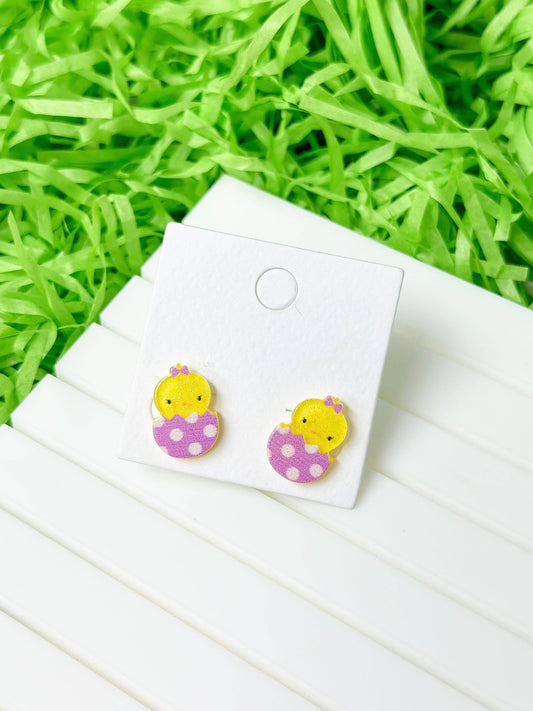 Acrylic Easter Chick Stud Earrings: Purple
